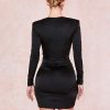 Ruched Designed Long Sleeve Satin Dress Women Irregular Slim Black Bodycon Mini Dress Night Club Party Vestidos Mujer - Hplify