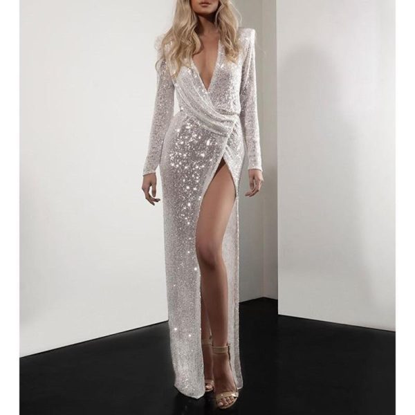 Ruched desiged sequined dress women long sleeve party dress Elegant split long maxi dresses autumn sequin robe femme - Hplify