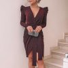 Ruched shoulder shinny wrap dress women long sleeve dresses Fall asymmetrical tie waist v neck  party dress vestidos mujer - Hplify