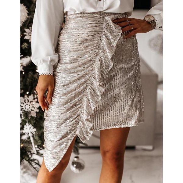 Ruffles Designed Sequined Skirt Women Summer Fashion High Waist Skirt Irregular Ruched Mini Skirts Saias Mujer - Hplify