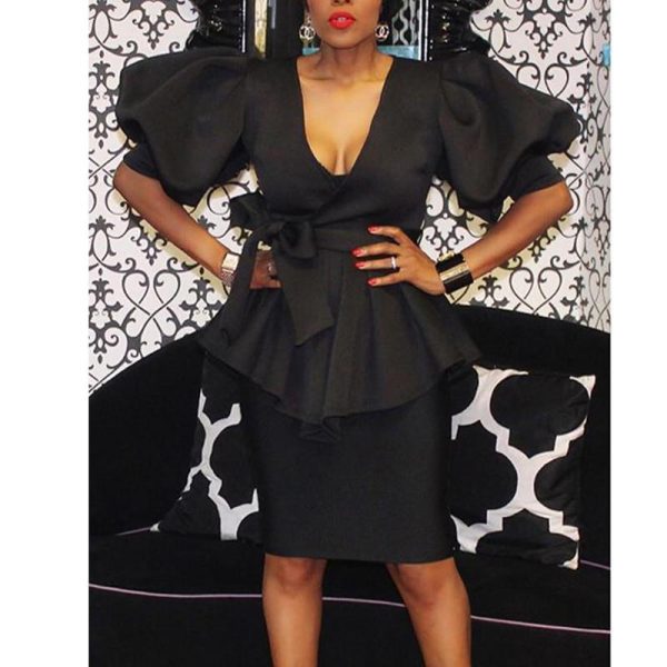 Ruffles Puff Sleeve Shirt and Skirts Sets Women V Neck Two Piece Set Solid Color Red Black Elegant Ladies Skirt Suit Outfit - Hplify