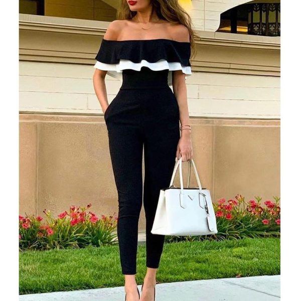 Ruffles design off shoulder jumpsuit women Short sleeve solid black romeprs womens jumpsuit Summer casual overalls woman - Hplify