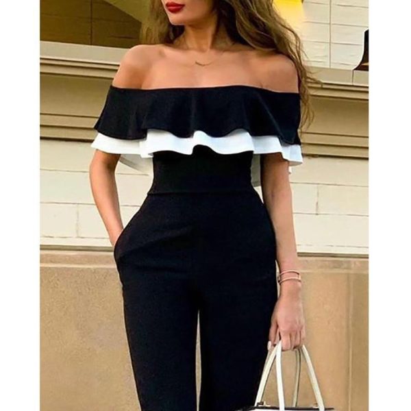 Ruffles design off shoulder jumpsuit women Short sleeve solid black romeprs womens jumpsuit Summer casual overalls woman - Hplify