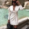 Ruffles sleeve white blazer dress women Solid color white short autumn dress Eleganf office ladies workwear vestidos - Hplify