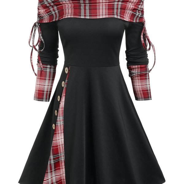 Vintage Cinched Off The Shoulder Plaid Insert Dress Plaid Panel Flare Asymmetrical Dress Patchwork Dresses