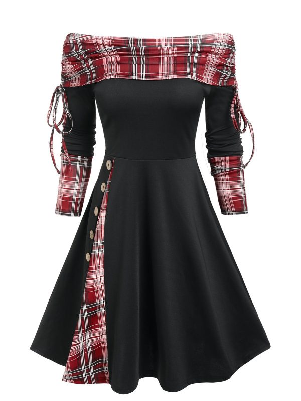 Vintage Cinched Off The Shoulder Plaid Insert Dress Plaid Panel Flare Asymmetrical Dress Patchwork Dresses