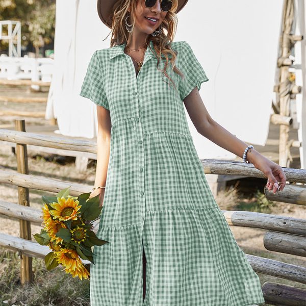 Alternative view of Spring Summer Plaid Shirt Dress Women Casual Short Sleeve High Waist Loose Dresses For Ladies Leisure Medium Long Dress