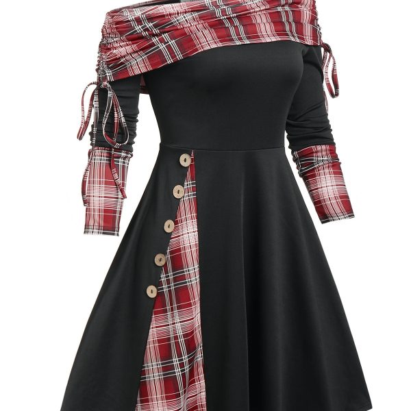 Alternative view of Vintage Cinched Off The Shoulder Plaid Insert Dress Plaid Panel Flare Asymmetrical Dress Patchwork Dresses