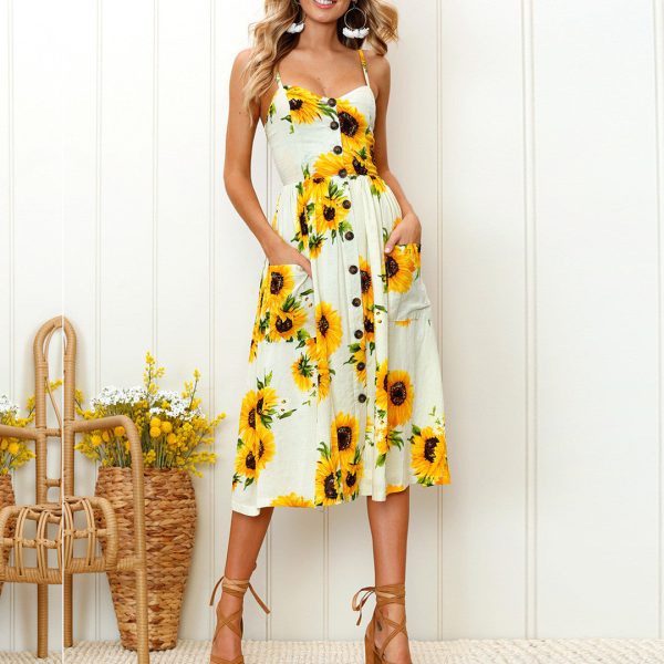 Sexy V Neck Backless Floral Summer Beach Dress Women White Boho Striped Button Sunflower Daisy Pineapple Party Midi Dresses