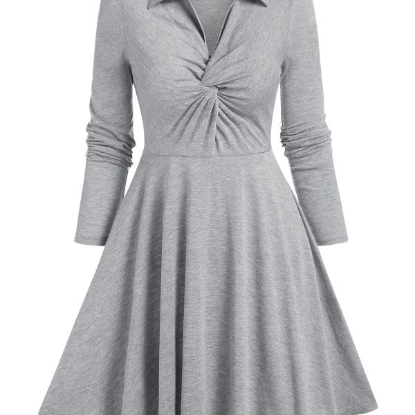 Long Sleeve Twist Front Heathered Dress A Line Mini Casual female Lapel Vintage 3XL Dresses