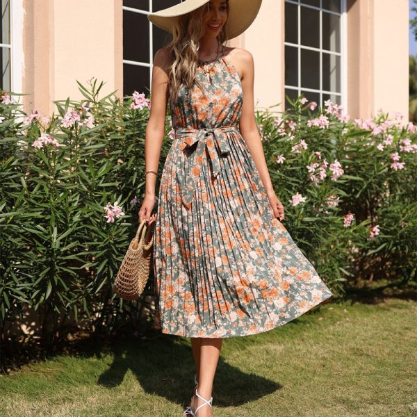 Summer Halter Neck Sleeveless Small Floral Sling Dress Lace High Waist Green Long Chic Dress