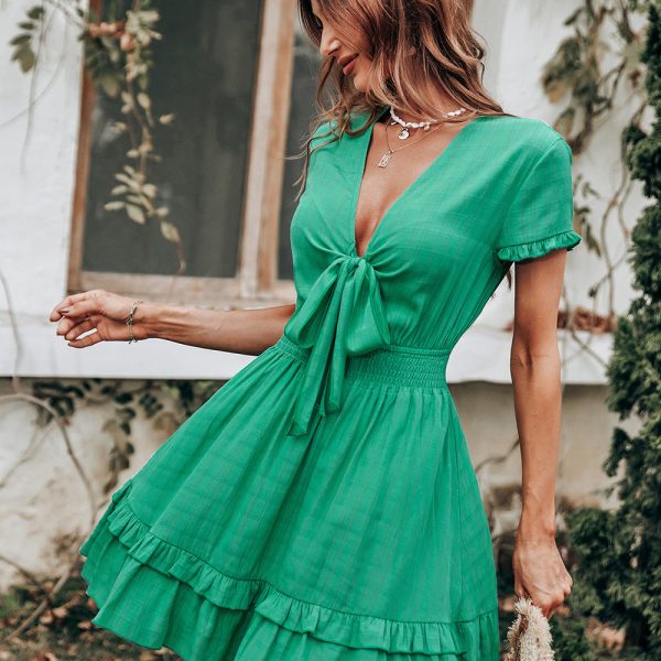 Spring Summer Women Green V Neck Low Cut Bow Short Sleeve High Waist Swing Short Dress For Fashion