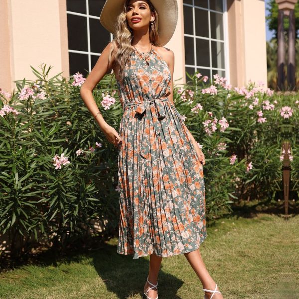 Alternative view of Summer Halter Neck Sleeveless Small Floral Sling Dress Lace High Waist Green Long Chic Dress