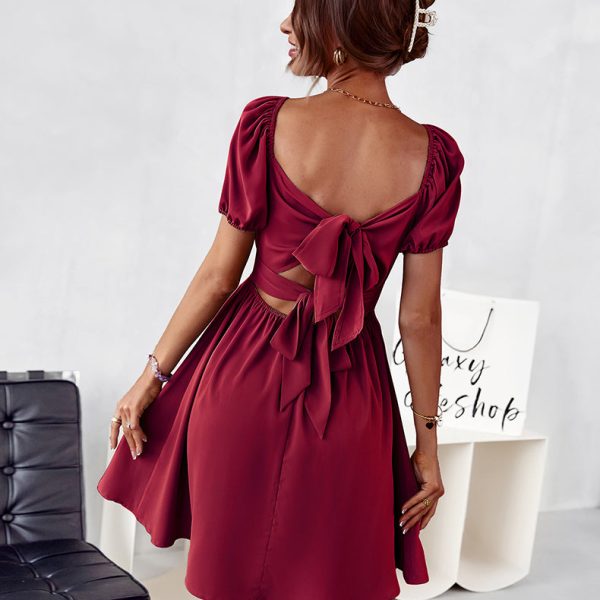 Alternative view of Women Summer Square Collar Short Sleeve Solid Color High Waist A Line Romantic Small Dress