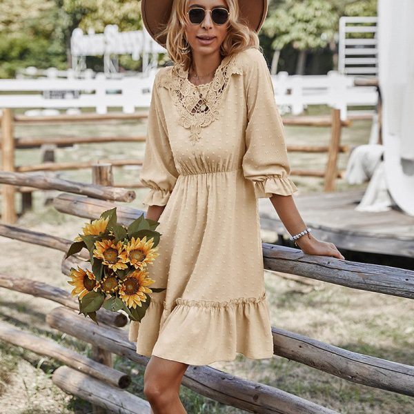 Temperament Women Summer V Neck Three Quarter Solid Color A Line Lace All Match Dresses For Fashion