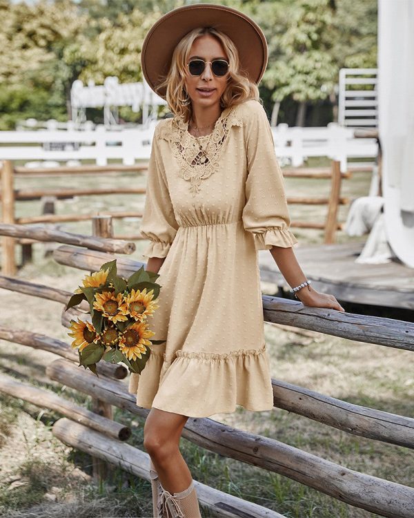 Temperament Women Summer V Neck Three Quarter Solid Color A Line Lace All Match Dresses For Fashion