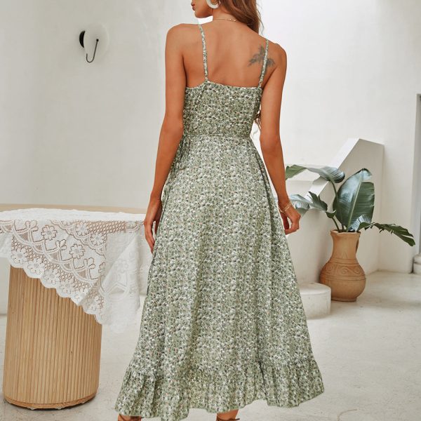 Alternative view of Spring Summer Sling Lotus Leaf V Neck High Waist Tie Bow Irregular Floral Print Ladies Long Dress