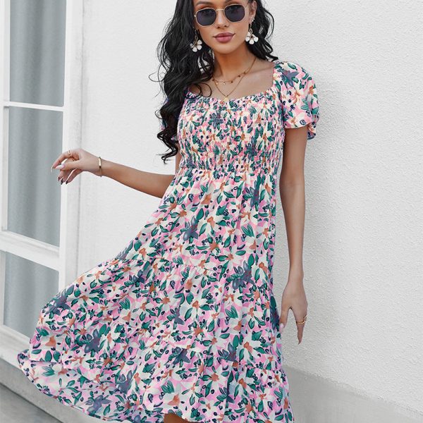 Summer Floral Off The Shoulder Dress For Women Casual Bohemian Short Sleeve Medium Long Dresses Female Leisure