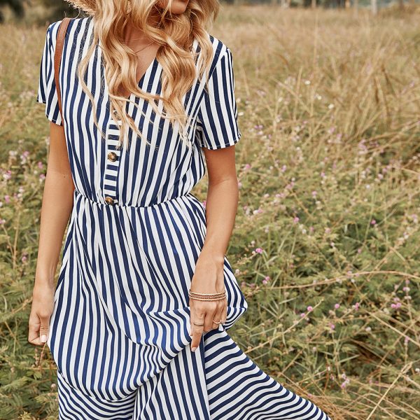 Alternative view of Women Spring Summer V Neck Short Sleeve Button Striped A Line All Match Causal Long Dresses