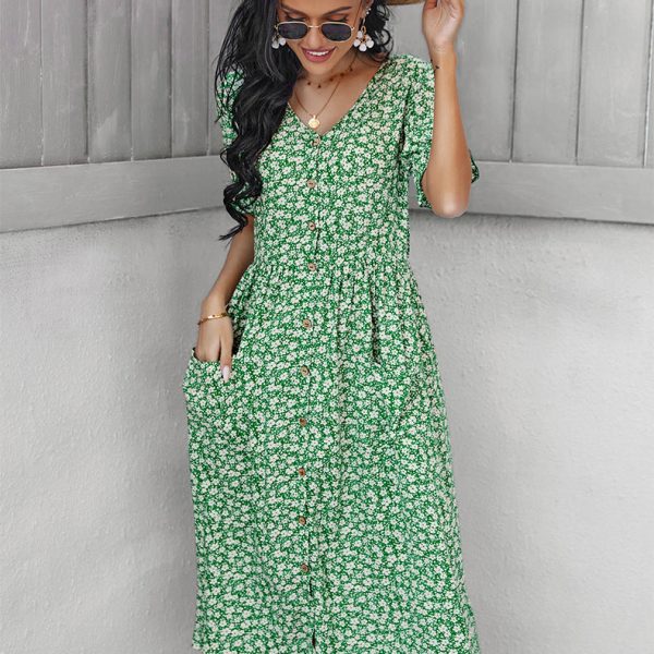 Alternative view of Women Spring Summer V Neck Single Breasted Pocket Small Floral Dresses For Ladies Fashion All Match Chic Dress