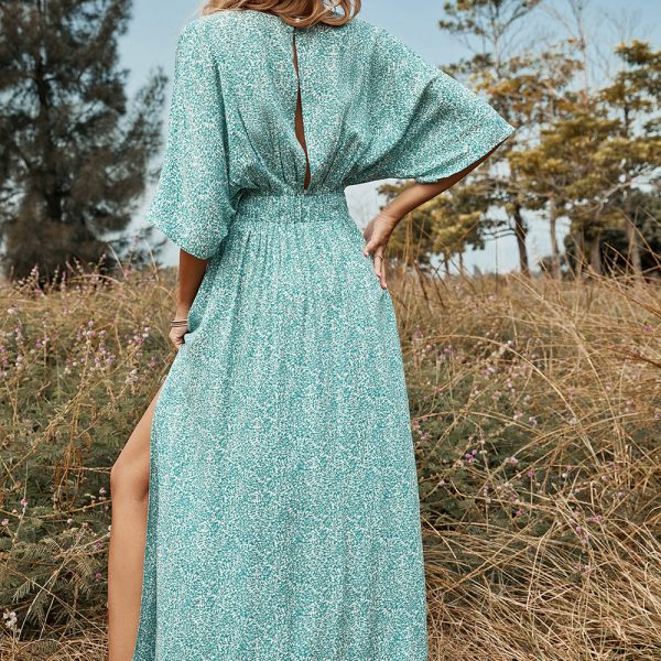 Alternative view of Spring Ladies Green Floral V-Neck Chic Dress Women Mid-Sleeve Long Open Back Irregular Long Dress