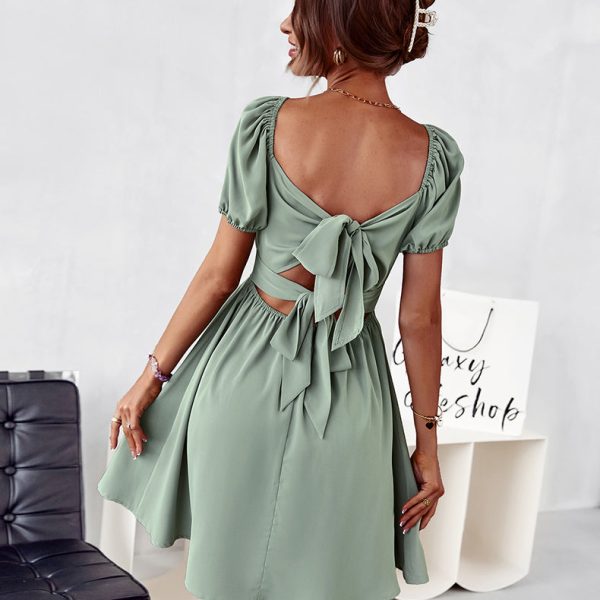 Women Summer Square Collar Short Sleeve Solid Color High Waist A Line Romantic Small Dress