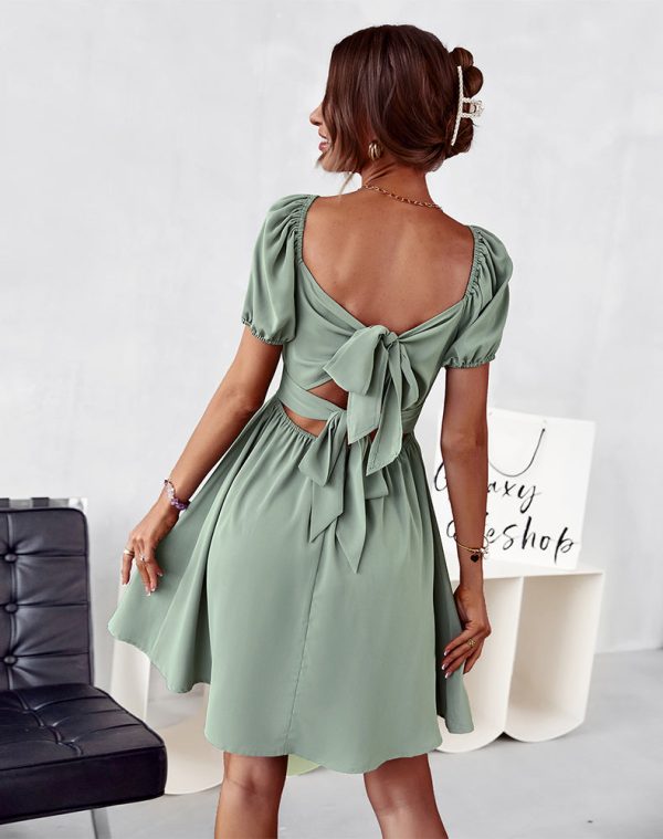 Women Summer Square Collar Short Sleeve Solid Color High Waist A Line Romantic Small Dress