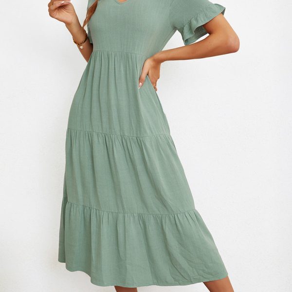 Summer Casual Long Dress Women Butterfly Sleeve V Neck Solid Elegant Sexy Temperament Party Dresses Leisure