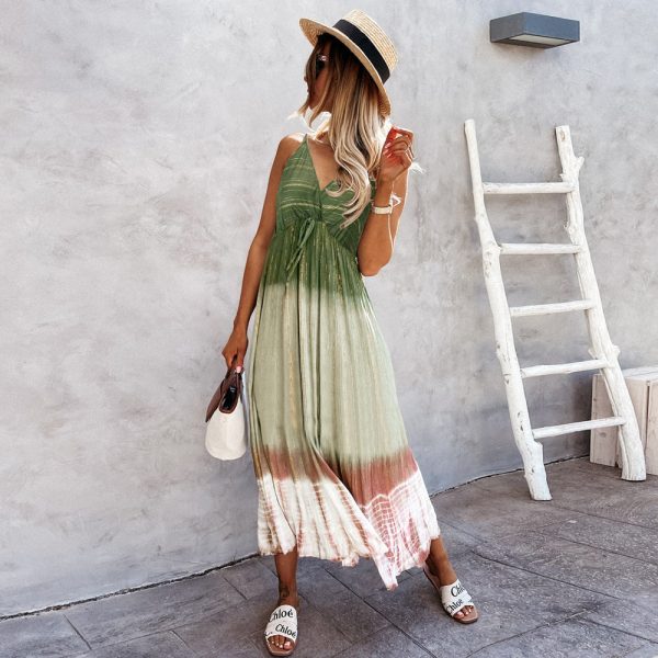 Fashionable Spring Summer Tie Dye Suspender Long Dresses For Women Slim Fit Ombre Chic Dress