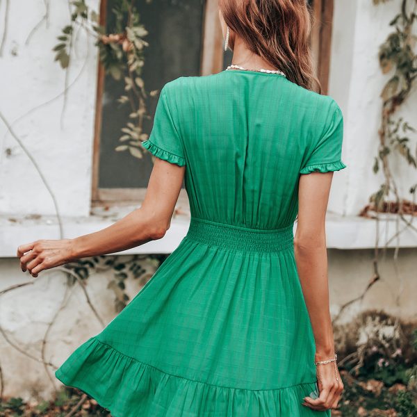 Alternative view of Spring Summer Women Green V Neck Low Cut Bow Short Sleeve High Waist Swing Short Dress For Fashion