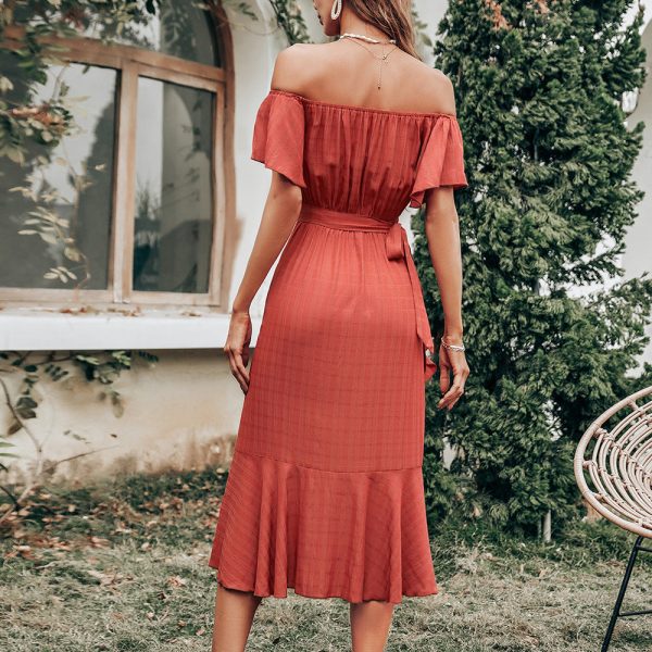 Alternative view of Spring Women Solid Color Short Sleeve Off-Shoulder Irregular Hem Skirt Tie High Waist Ladies Dress