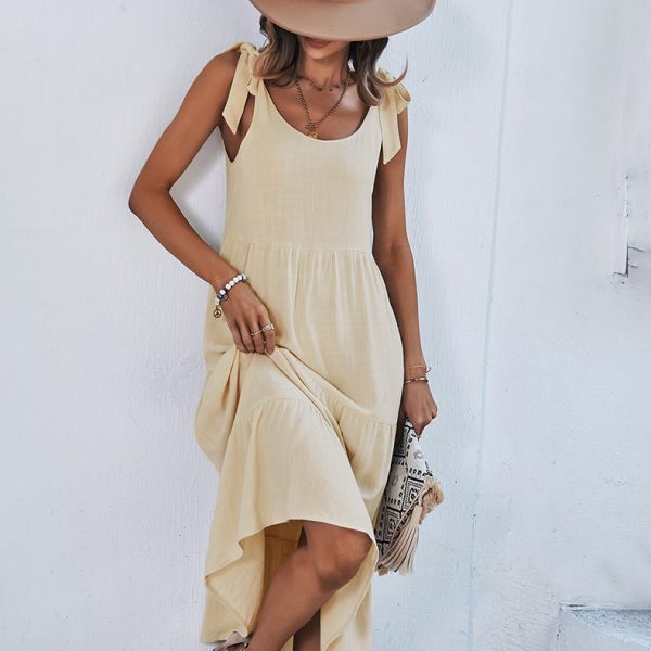 Alternative view of Summer Solid Spaghetti Strap Dresses For Women Cotton Casual Lace Up Sleeveless High Waist Long Dress Leisure