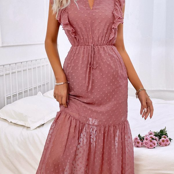 Spring Summer V Neck Solid Color Waist Rose Red Polka Dot Mediumm Long Chiffon Jacquard Dress