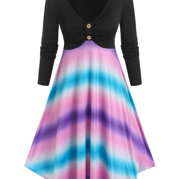 Long Sleeve Tie Dye Print Dress V Neck A Line Mini Twofer Dress Button Woman  New V-Neck Dresses