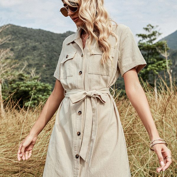 Alternative view of Spring Summer Women Solid Color Lapel Single Breasted Pocket Short Sleeve Oversized Loose Dress For Fashion