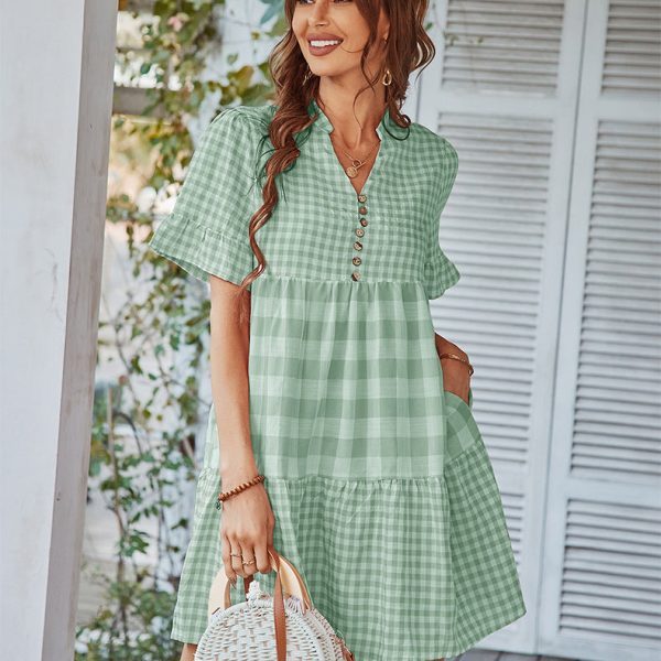 Spring Summer Loose Short Plaid Dress Women Casual Button V-Neck Temperament Patchwork Short Sleeve Mini Dress