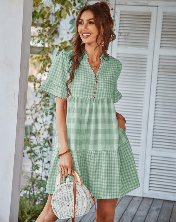 Spring Summer Loose Short Plaid Dress Women Casual Button V-Neck Temperament Patchwork Short Sleeve Mini Dress