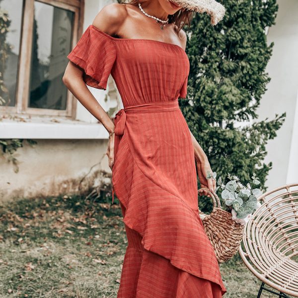 Spring Women Solid Color Short Sleeve Off-Shoulder Irregular Hem Skirt Tie High Waist Ladies Dress