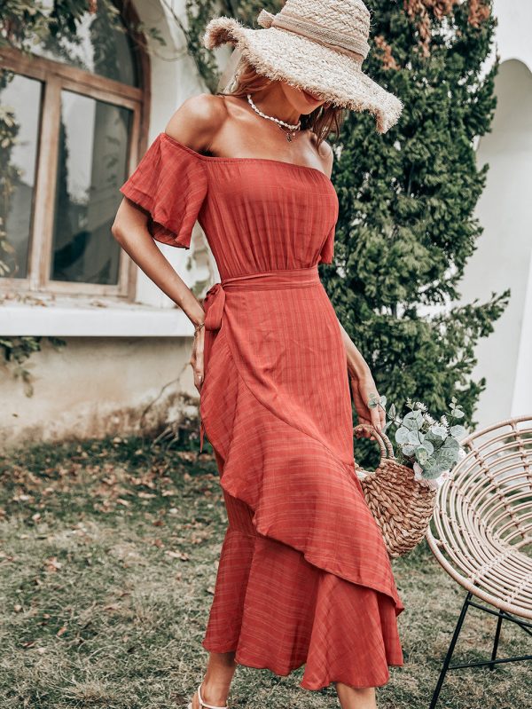 Spring Women Solid Color Short Sleeve Off-Shoulder Irregular Hem Skirt Tie High Waist Ladies Dress