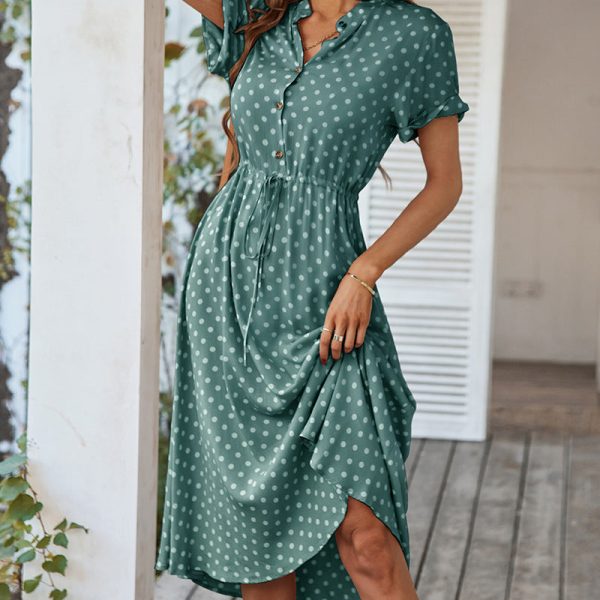 Alternative view of Summer Polka Dot A Line Lace Up Dress For Women Mori  V Neck Shirt Collar Swing High Waist Chic Dress