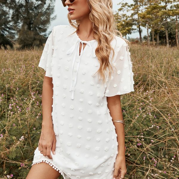 Alternative view of Spring Summer Sweet Short Dress For Women Lace Up O Neck Tassel Jacquard Solid Chiffon Dress Female Leisure