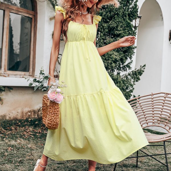 Spring Summer Women Yellow Sling Dress High Waist Sleeveless Square Collar Chic Long Swing Dress