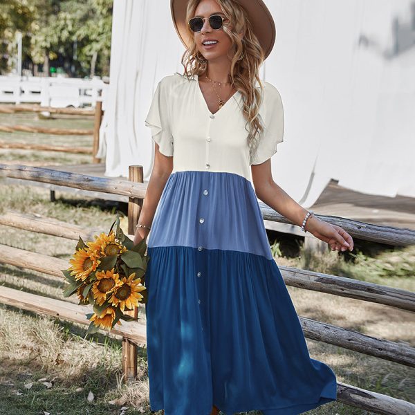 Alternative view of Spring Geometry Patchwork Dress Women Casual Butterfly Sleeve Single Breasted Medium Long Summer Dress Ladies Leisure