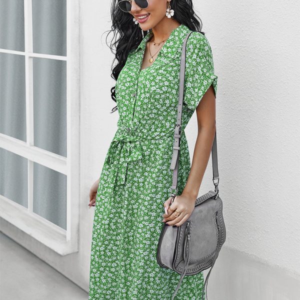 Spring Summer Turn Down Collar Solid Color Button Short Sleeve A Line Causal Floral Dress For Women Chic Dresses