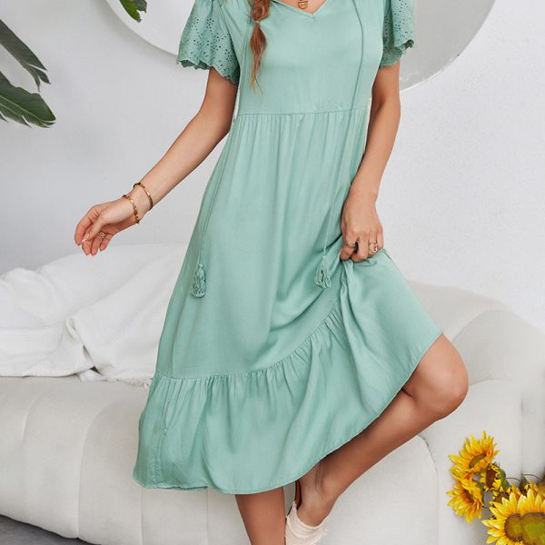 Women Summer V Neck Short Sleeve Sexy Solid Color Loose Swing Long Dress For Ladies Fashion All Match Chic Dresses