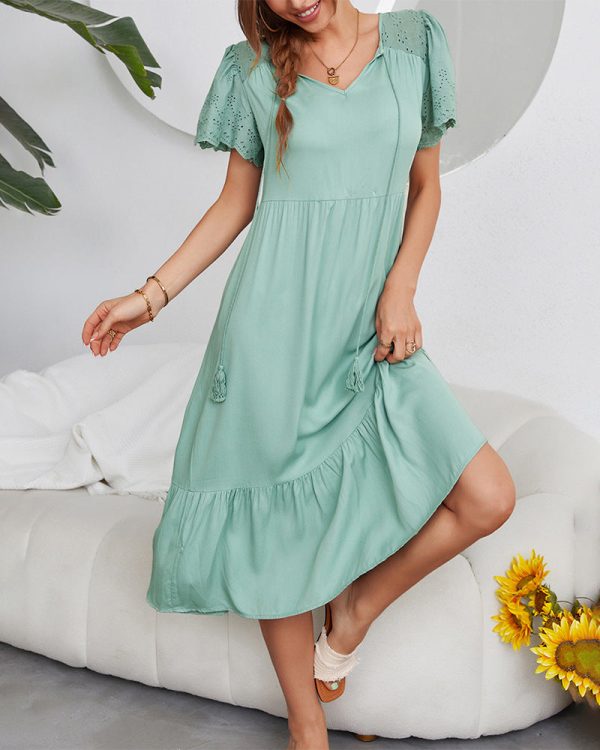 Women Summer V Neck Short Sleeve Sexy Solid Color Loose Swing Long Dress For Ladies Fashion All Match Chic Dresses