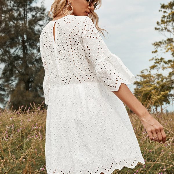 Alternative view of Spring Summer Women O Neck Half Sleeve White Cutout Loose All Match Chic Short Dress For Fashion