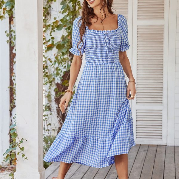 Summer Fashion Plaid French Square Neck Short Sleeve Waist Lace Up Causal All Match Chic Dress