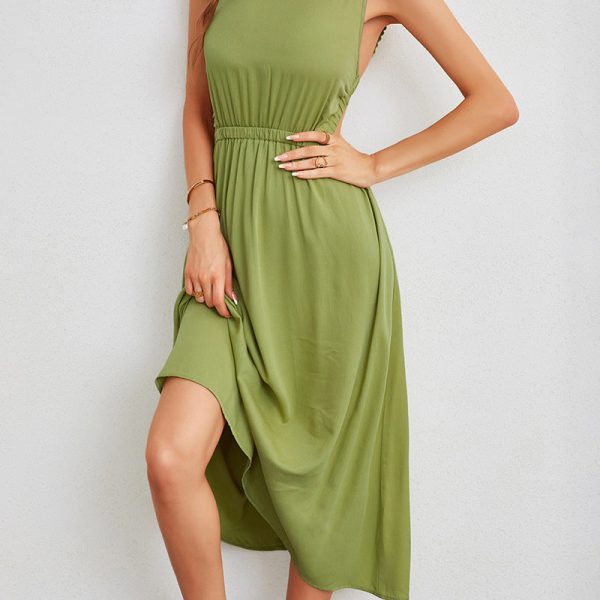 Suspender Backless Green High Waist Long Dress Summer Solid Color Sleeveless Large Swing Chic Dress