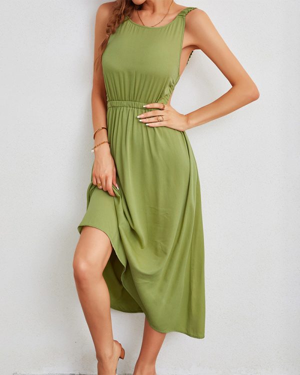 Suspender Backless Green High Waist Long Dress Summer Solid Color Sleeveless Large Swing Chic Dress